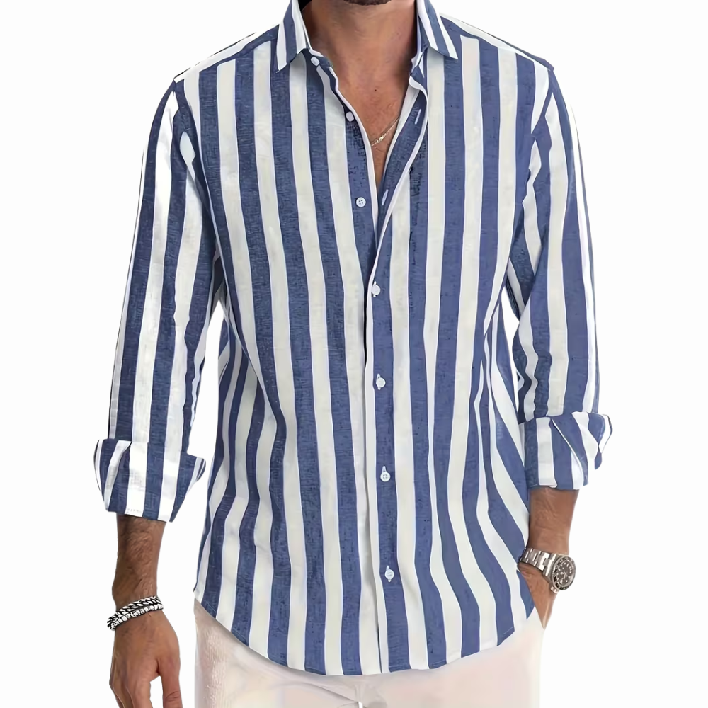 Men’s Cotton Striped Long Sleeve Button-Up Shirt with Collar