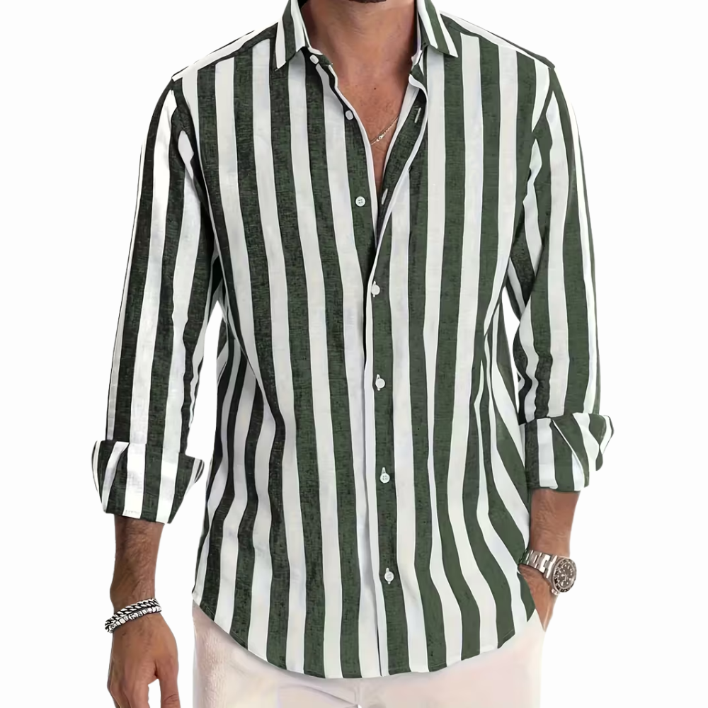 Men’s Cotton Striped Long Sleeve Button-Up Shirt with Collar