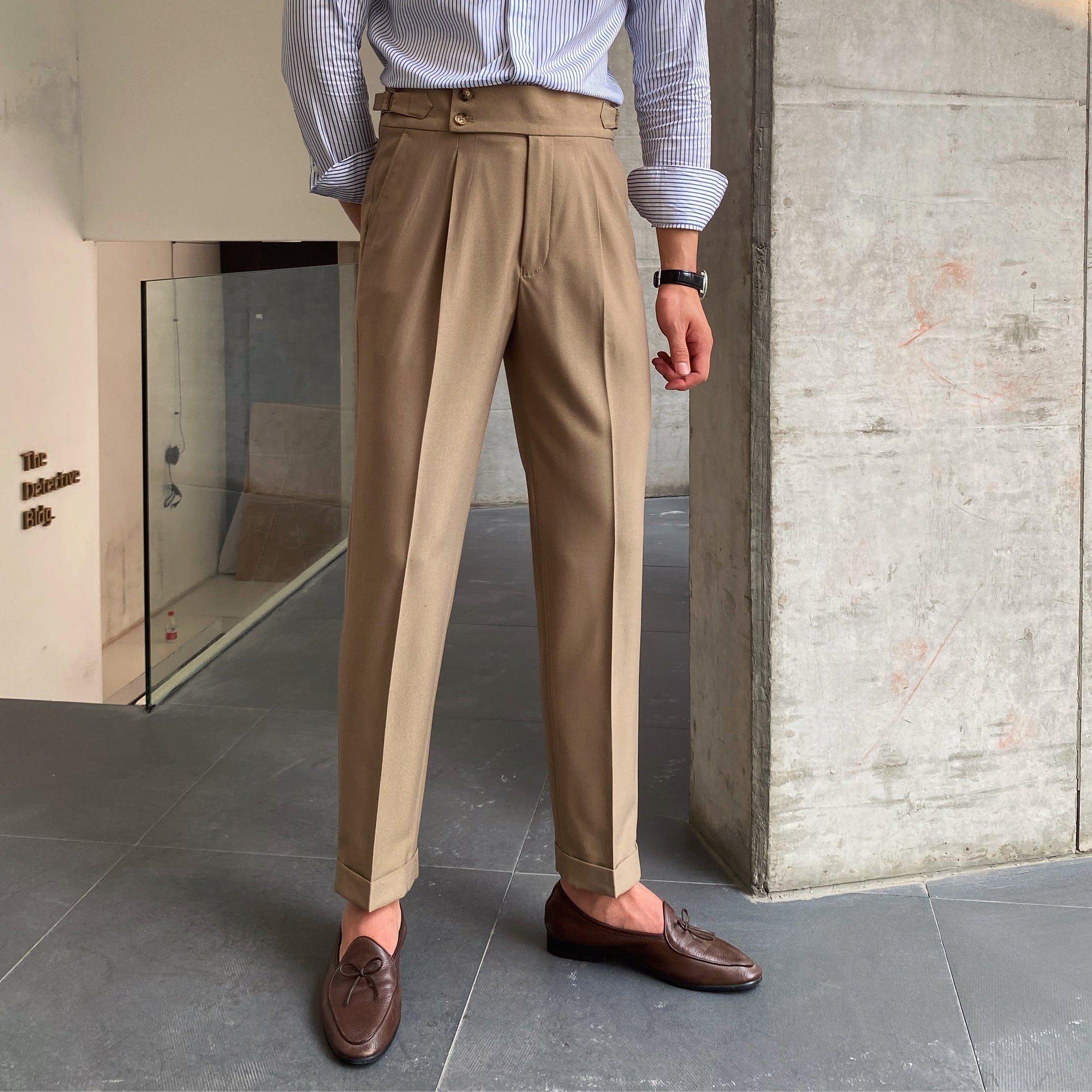 Men’s High Waist Straight Leg Trousers with Pleated Front