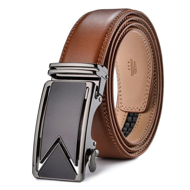 Men’s Leather No-Hole Ratchet Belt with Automatic Textured Buckle