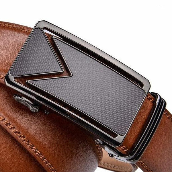 Men’s Leather No-Hole Ratchet Belt with Automatic Textured Buckle