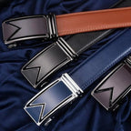 Men’s Leather No-Hole Ratchet Belt with Automatic Textured Buckle