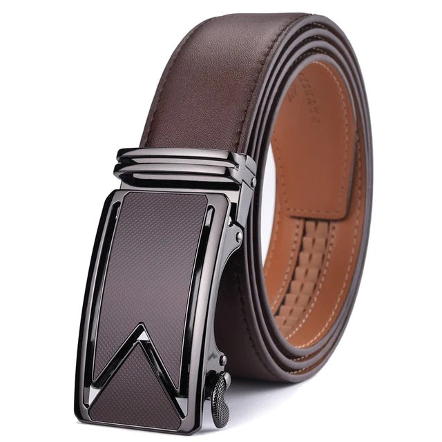 Men’s Leather No-Hole Ratchet Belt with Automatic Textured Buckle