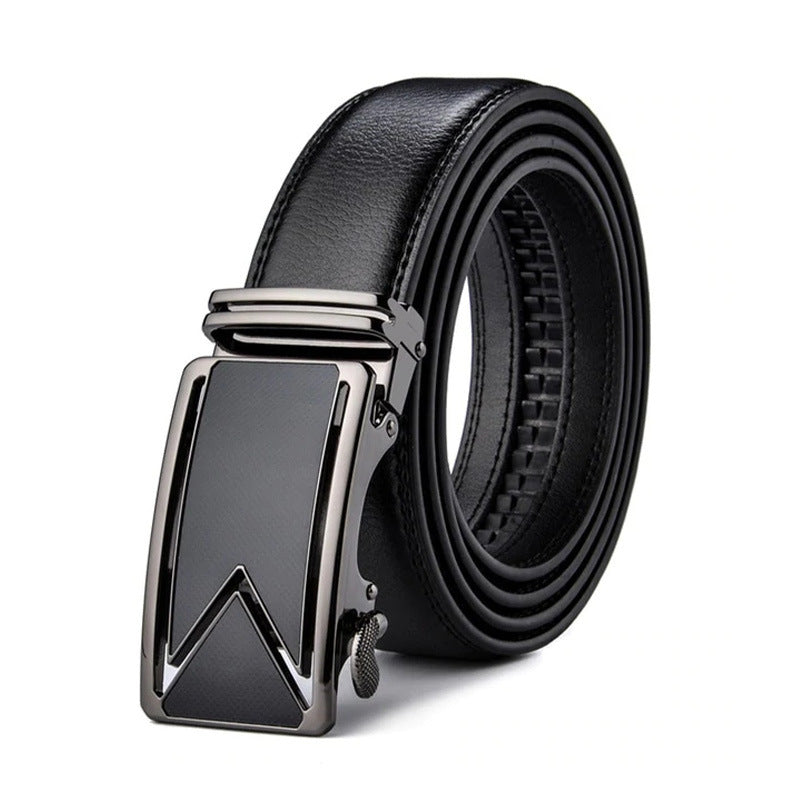 Men’s Leather No-Hole Ratchet Belt with Automatic Textured Buckle