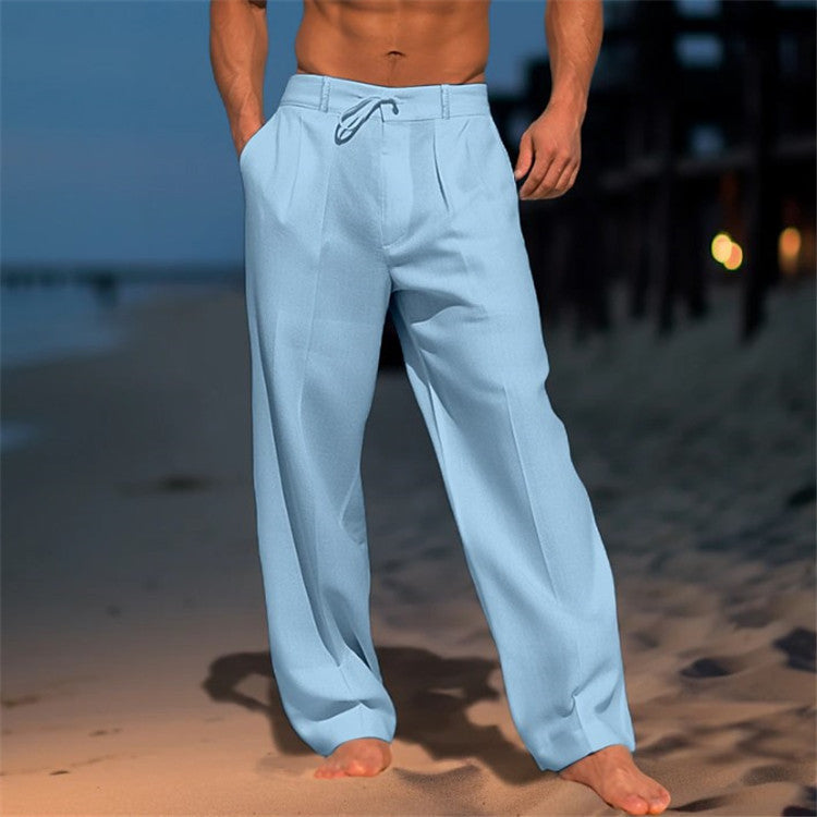 Men’s Linen Relaxed Fit Trousers with Pleated Front