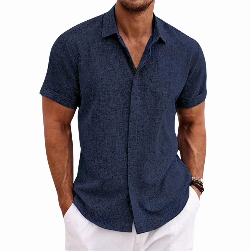 Men’s Summer Short Sleeve Button-Up Shirt with Collar