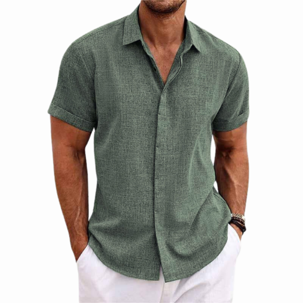 Men’s Summer Short Sleeve Button-Up Shirt with Collar