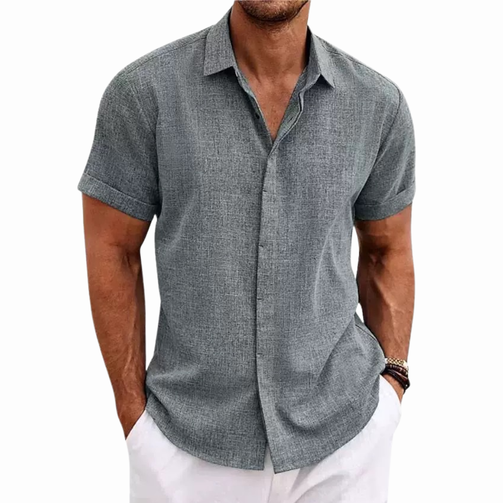 Men’s Summer Short Sleeve Button-Up Shirt with Collar