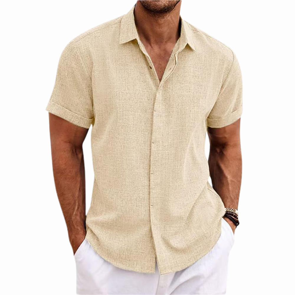 Men’s Summer Short Sleeve Button-Up Shirt with Collar