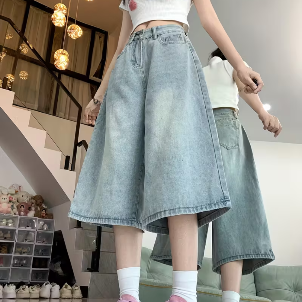 Women’s Baggy Washed Denim Jorts with Pockets