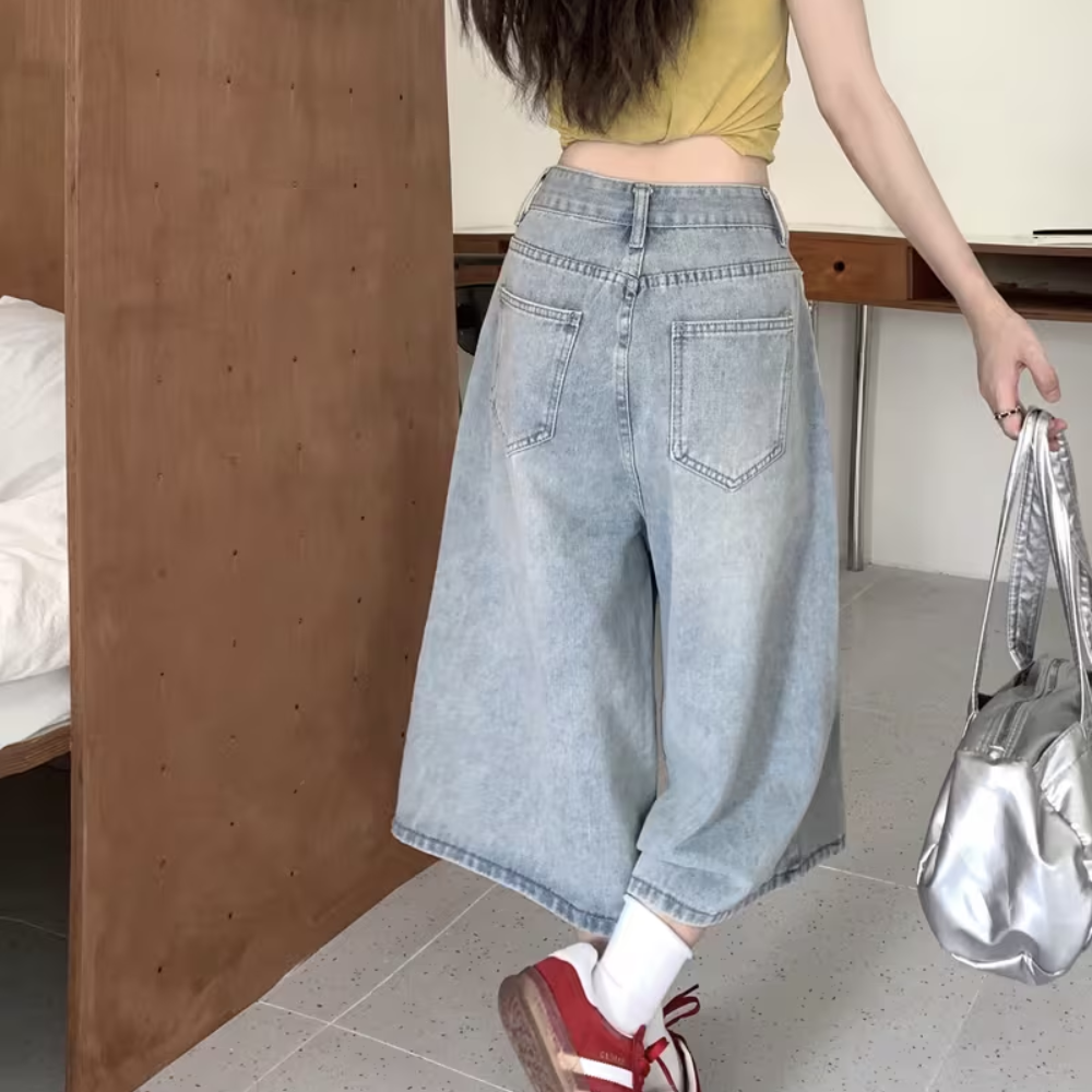 Women’s Baggy Washed Denim Jorts with Pockets