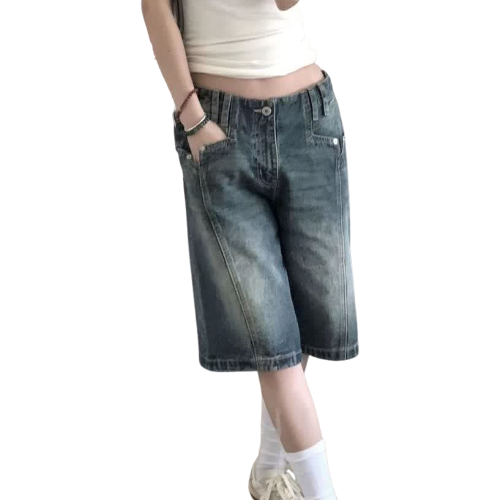 Women’s Baggy Washed Denim Jorts with Pockets and Zip