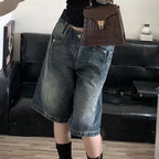 Women’s Baggy Washed Denim Jorts with Pockets and Zip