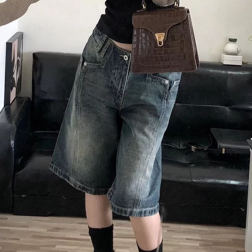 Women’s Baggy Washed Denim Jorts with Pockets and Zip