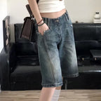 Women’s Baggy Washed Denim Jorts with Pockets and Zip