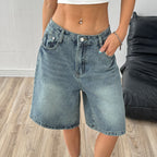 Women’s Baggy Washed Denim Jorts with Wide Leg and Pockets