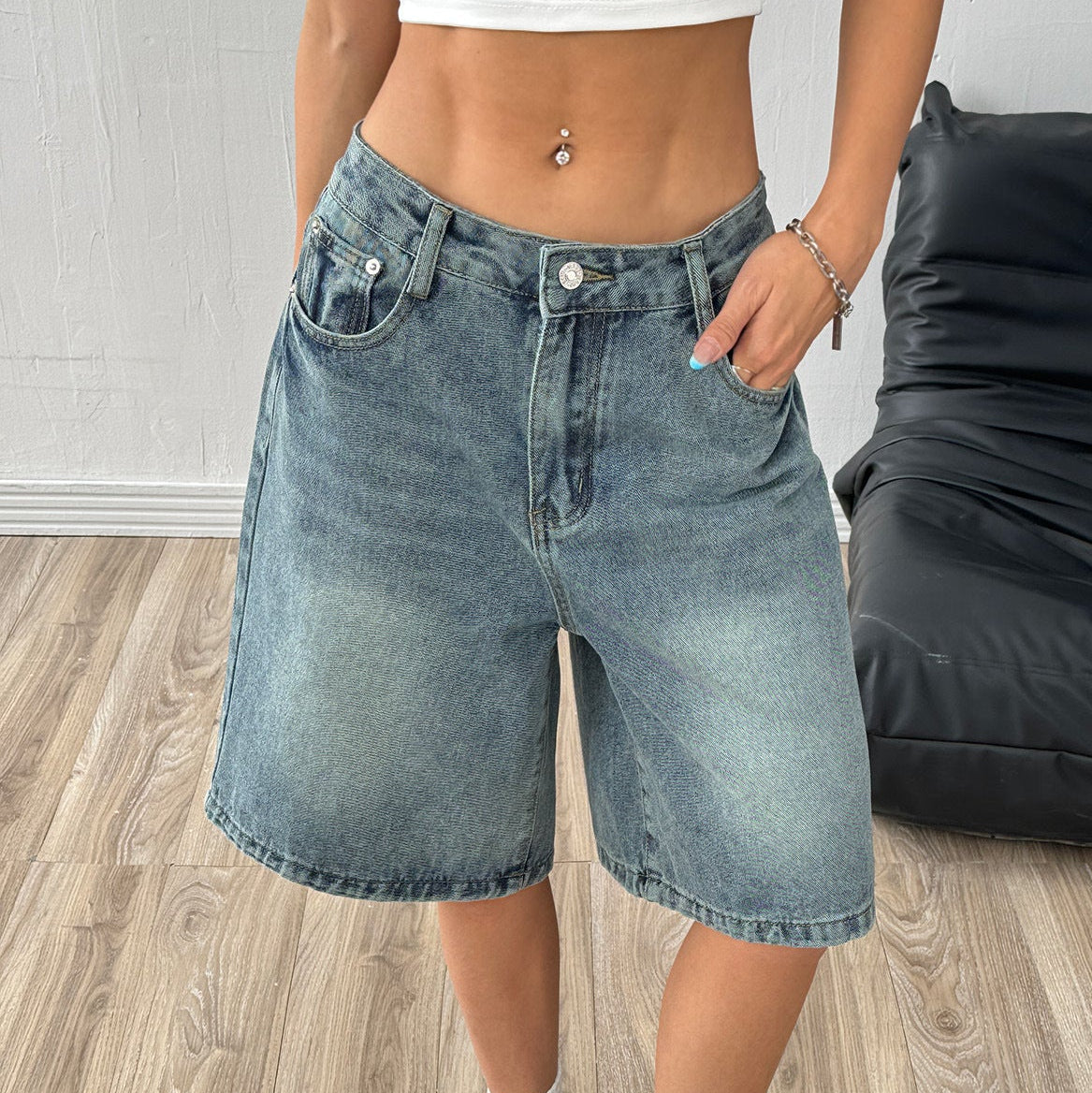 Women’s Baggy Washed Denim Jorts with Wide Leg and Pockets