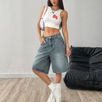 Women’s Baggy Washed Denim Jorts with Wide Leg and Pockets