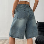 Women’s Baggy Washed Denim Jorts with Wide Leg and Pockets