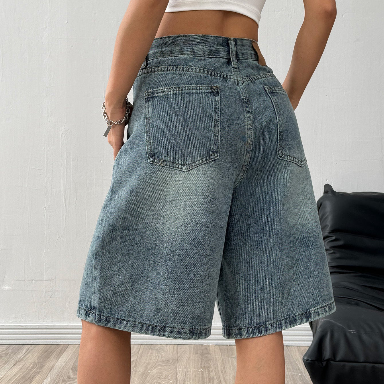 Women’s Baggy Washed Denim Jorts with Wide Leg and Pockets