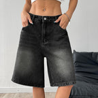 Women’s Baggy Washed Denim Jorts with Wide Leg and Pockets