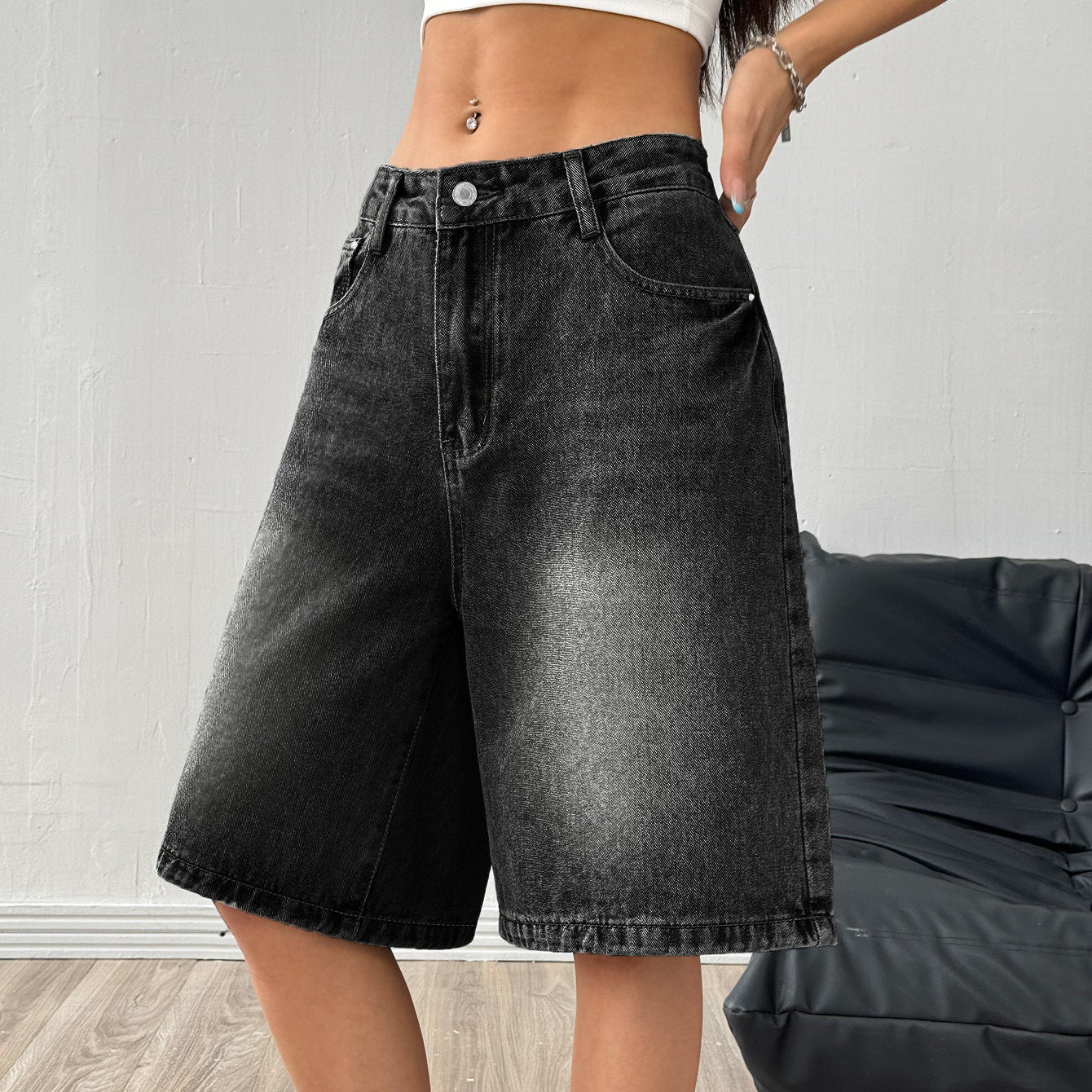 Women’s Baggy Washed Denim Jorts with Wide Leg and Pockets