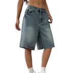 Women’s Baggy Washed Denim Jorts with Wide Leg and Pockets