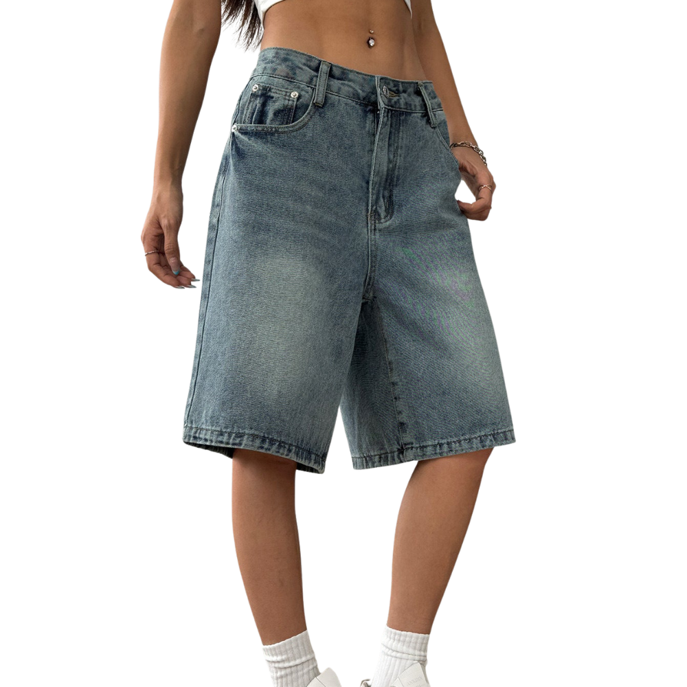 Women’s Baggy Washed Denim Jorts with Wide Leg and Pockets