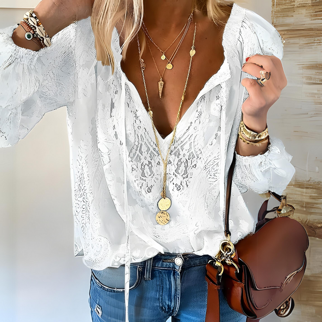 Women’s Boho V-Neck Lace Blouse with Long Sleeves