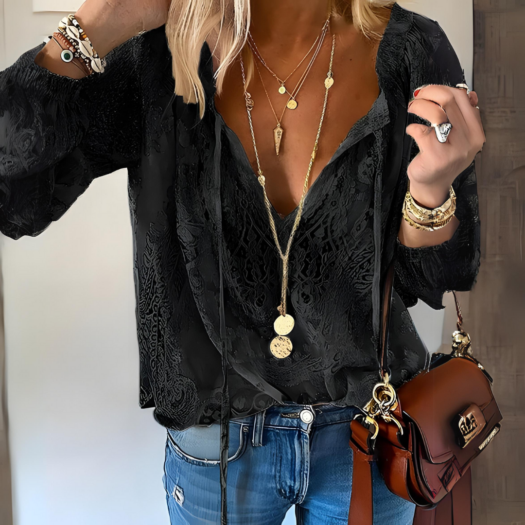 Women’s Boho V-Neck Lace Blouse with Long Sleeves