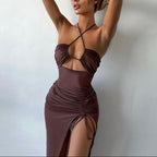Women’s Brown Halter Neck Cut Out Ruched Maxi Dress with High Slit