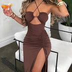 Women’s Brown Halter Neck Cut Out Ruched Maxi Dress with High Slit