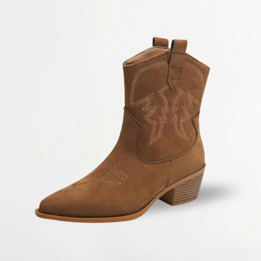 Women’s Brown Suede Western Cowboy Ankle Boots with Embroidery