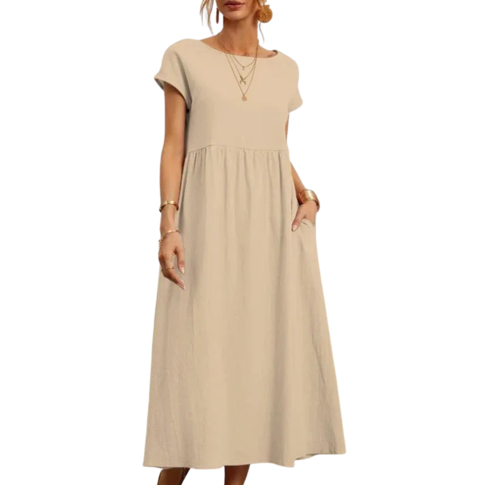 Women’s Cap Sleeve A-Line Midi Dress with Pockets