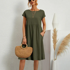 Women’s Cap Sleeve A-Line Midi Dress with Pockets