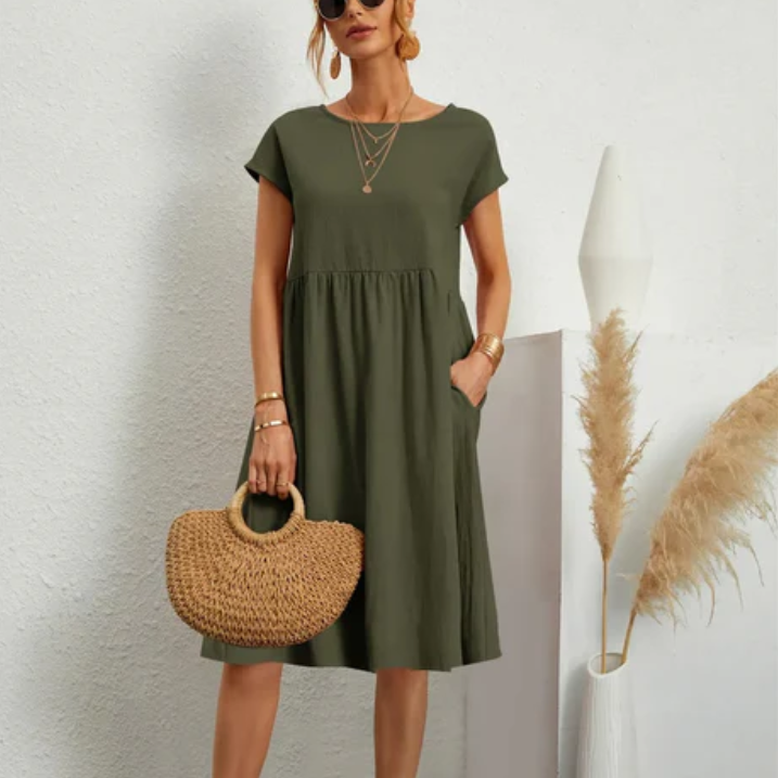 Women’s Cap Sleeve A-Line Midi Dress with Pockets