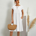 Women’s Cap Sleeve A-Line Midi Dress with Pockets