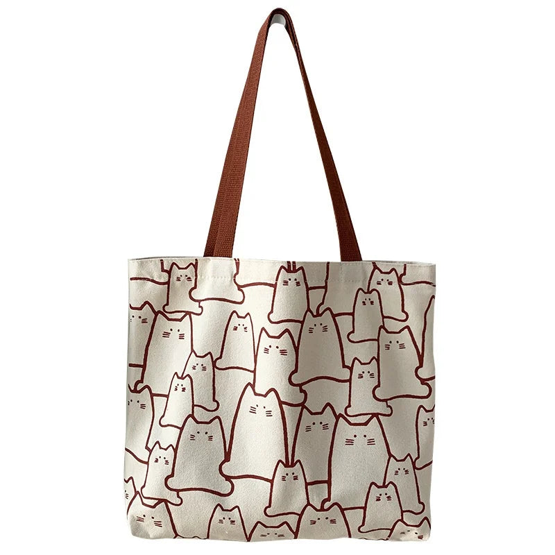 Women’s Cat Print Canvas Tote Bag with Zip Closure