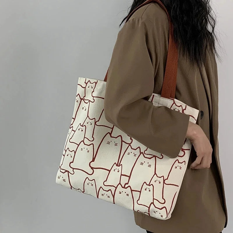Women’s Cat Print Canvas Tote Bag with Zip Closure