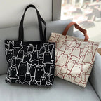 Women’s Cat Print Canvas Tote Bag with Zip Closure