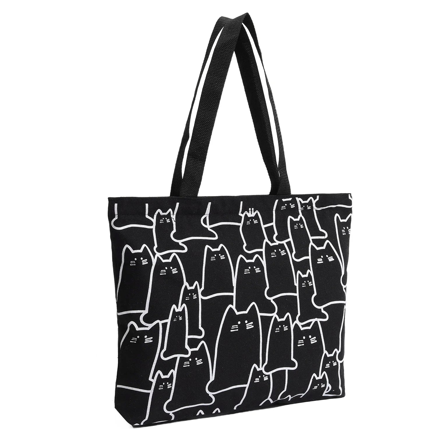 Women’s Cat Print Canvas Tote Bag with Zip Closure