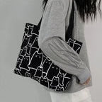 Women’s Cat Print Canvas Tote Bag with Zip Closure