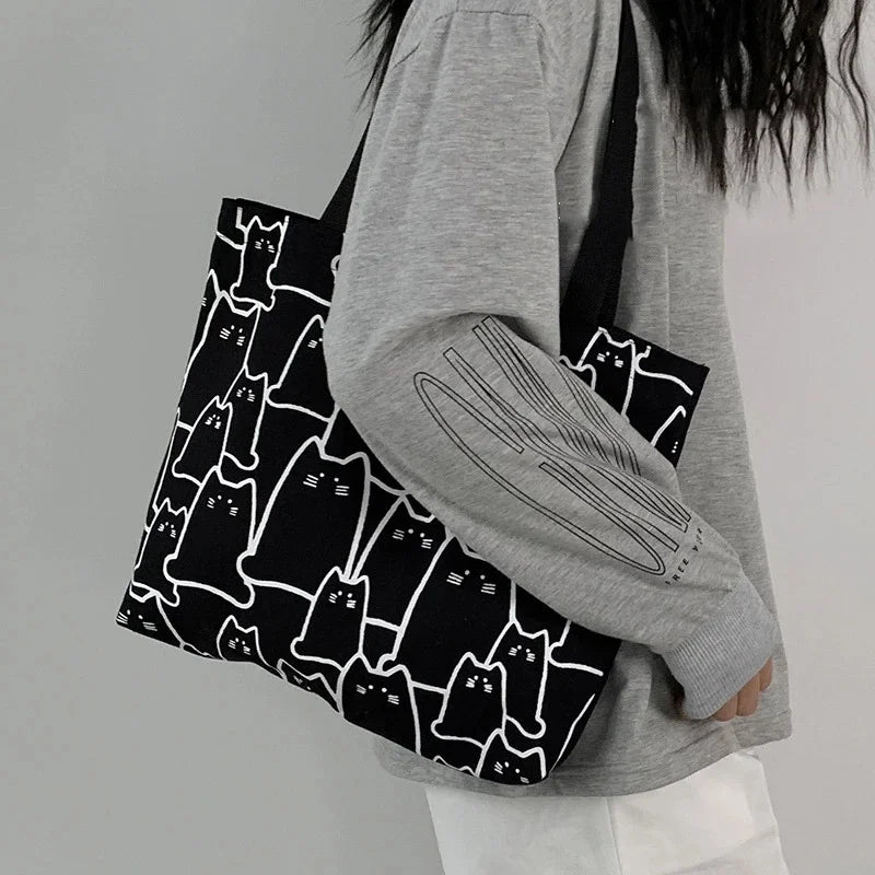 Women’s Cat Print Canvas Tote Bag with Zip Closure