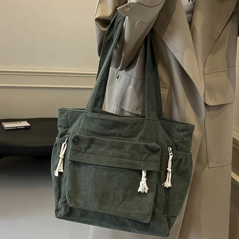Women’s Corduroy Multi Pocket Shoulder Tote Bag