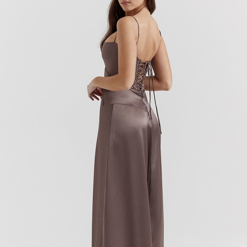 Women’s Corset Flowy Maxi Dress with Spaghetti Straps