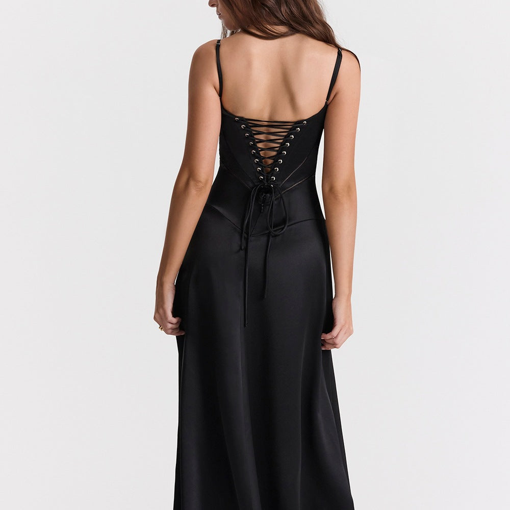 Women’s Corset Flowy Maxi Dress with Spaghetti Straps