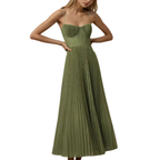 Women’s Corset Pleated Midi Dress with Spaghetti Straps