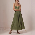Women’s Corset Pleated Midi Dress with Spaghetti Straps