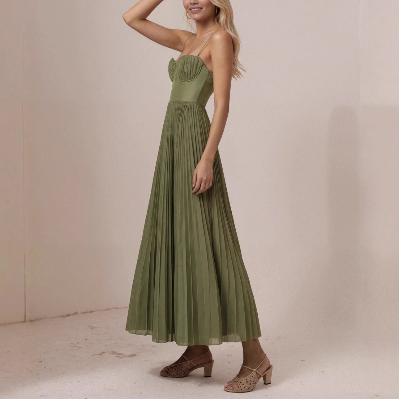 Women’s Corset Pleated Midi Dress with Spaghetti Straps