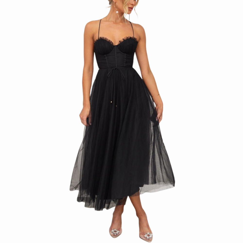 Women’s Corset Spaghetti Strap Tulle Midi Dress